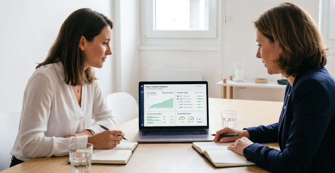 Customer success manager et cliente assises devant ordinateur affichant dashboard onboarding en français avec métriques d'adoption et jalons temporels, dans salle de réunion lumineuse