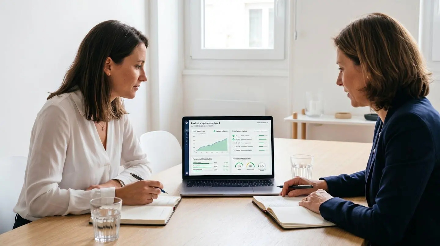 Customer success manager et cliente assises devant ordinateur affichant dashboard onboarding en français avec métriques d'adoption et jalons temporels, dans salle de réunion lumineuse