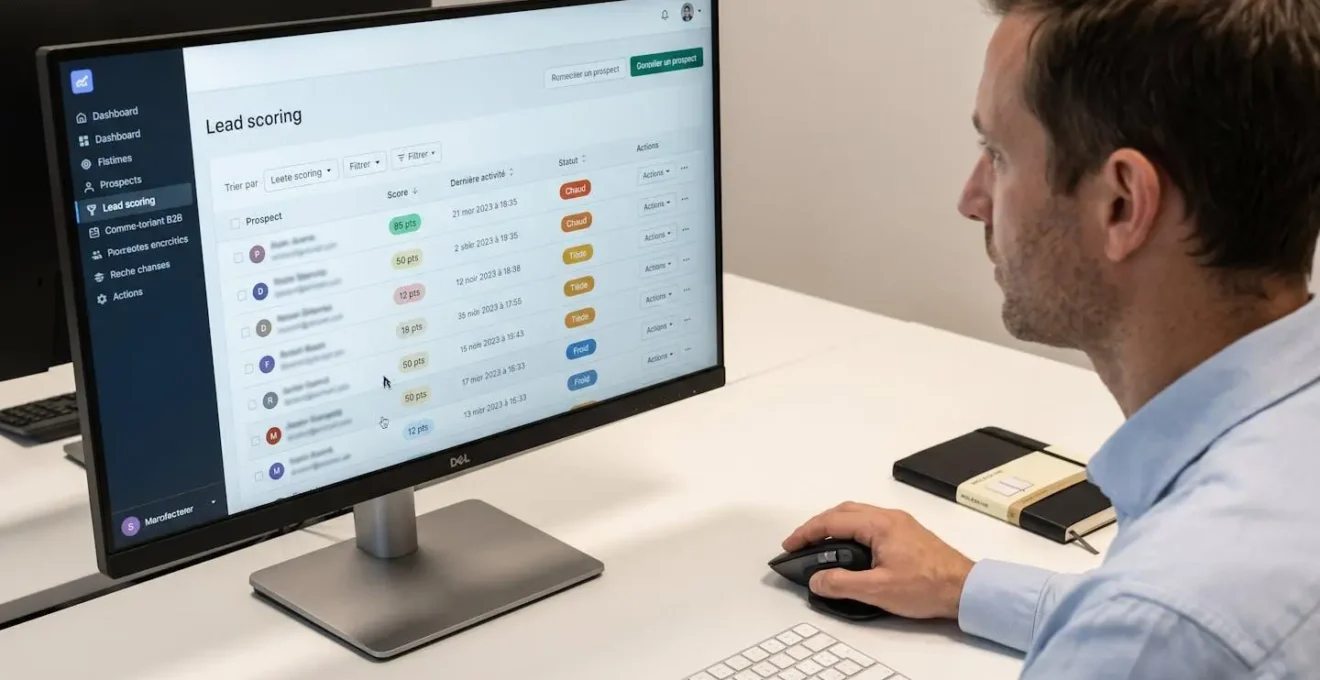 Écran d'ordinateur professionnel affichant interface de lead scoring avec liste de prospects, scores numériques et indicateurs de statut colorés, main sur souris consultant les données en français