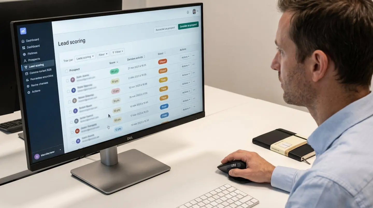 Ecran d'ordinateur professionnel affichant interface de lead scoring avec liste de prospects, scores numériques et indicateurs de statut colorés, main sur souris consultant les données en français