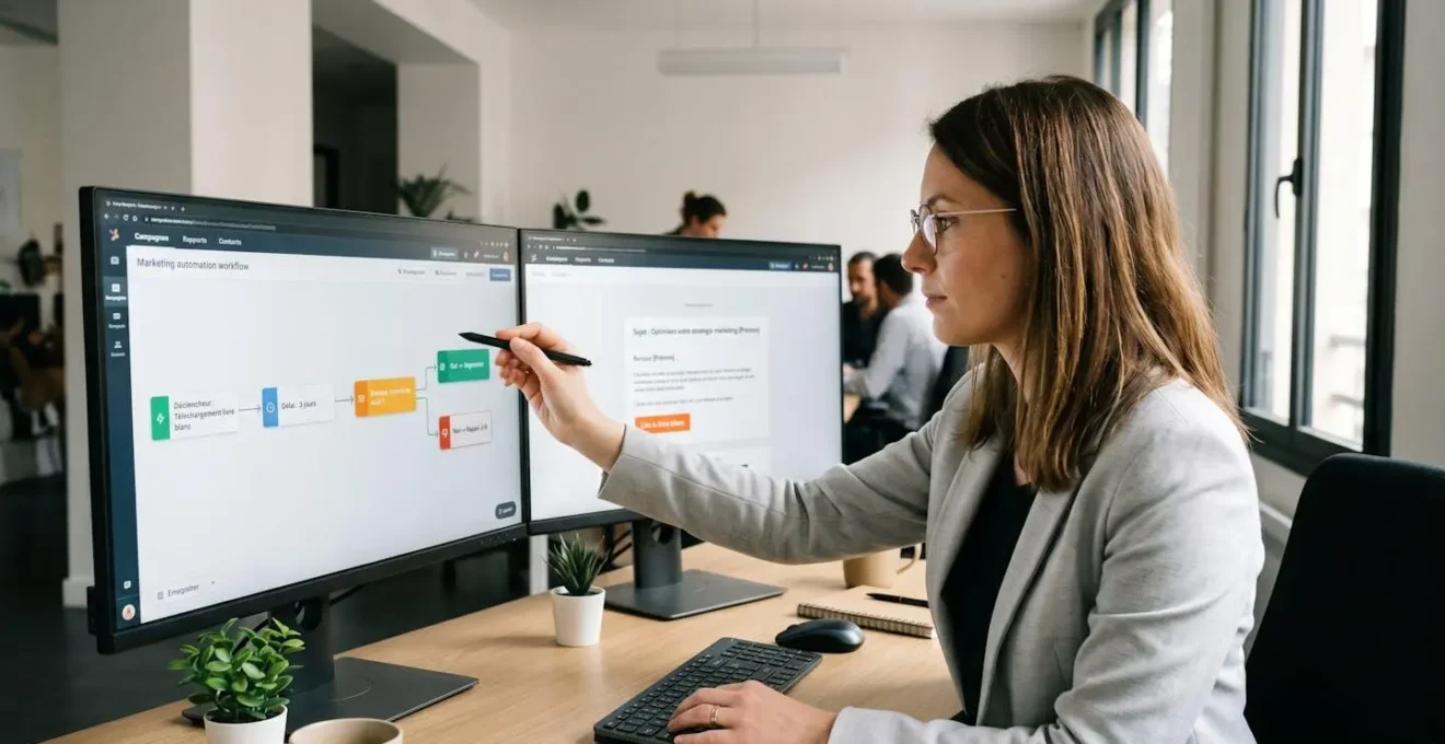 Professionnelle devant double écran affichant workflow d'automation marketing en français avec diagramme de nurturing horizontal et aperçu d'email personnalisé, dans bureau contemporain éclairé naturellement