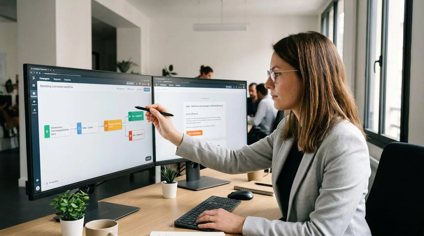 Professionnelle devant double écran affichant workflow d'automation marketing en français avec diagramme de nurturing horizontal et aperçu d'email personnalisé, dans bureau contemporain éclairé naturellement