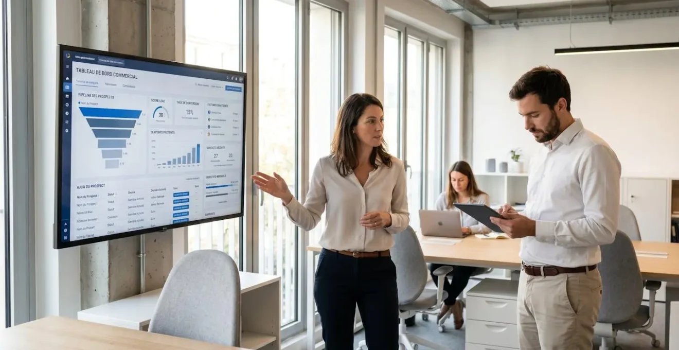 Deux professionnels marketing debout devant grand écran affichant interface CRM en français avec pipeline de prospects et scores de qualification, dans bureau contemporain français éclairé naturellement